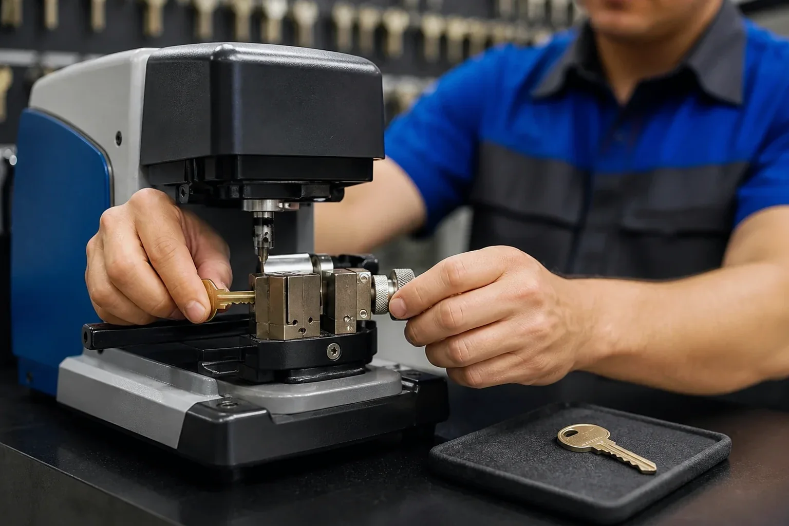 Chaveiro copiando uma chave com máquina especializada em Santana de Parnaíba.