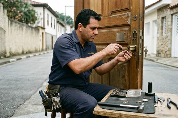 Chaveiro realizando a troca de segredo de uma fechadura em Santana de Parnaíba.