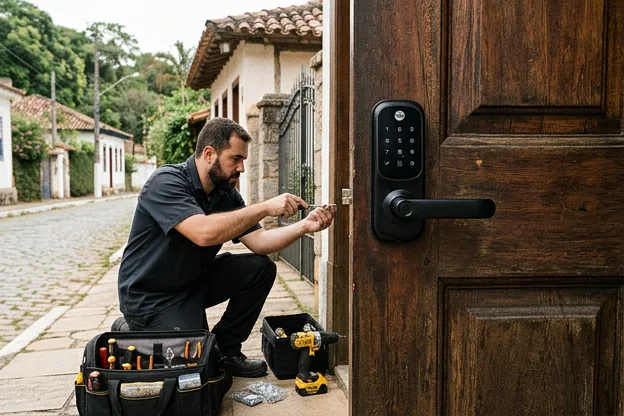 Fechadura digital instalada em uma porta em Santana de Parnaíba.